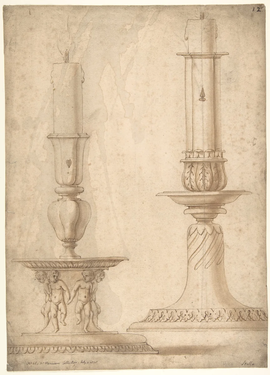 Design for Two Candlesticks with decorated Bases by Giulio Romano, drawing, 1510-1546
