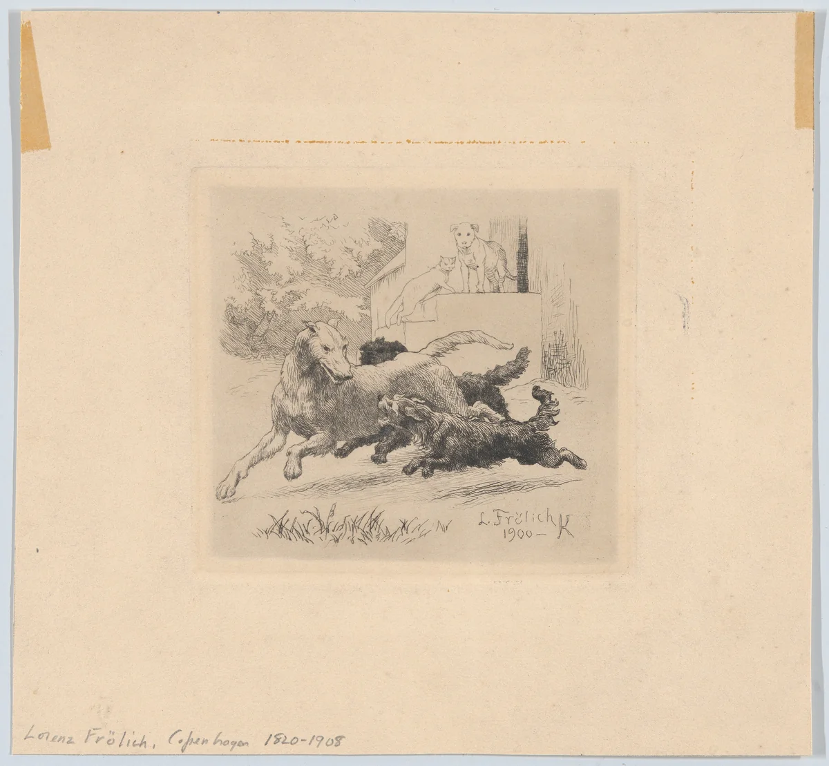 Three dogs playing at center, with a cat and a dog watching in the background by Lorenz Frølich, print, 1900