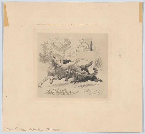 Three dogs playing at center, with a cat and a dog watching in the background by Lorenz Frølich, print, 1900