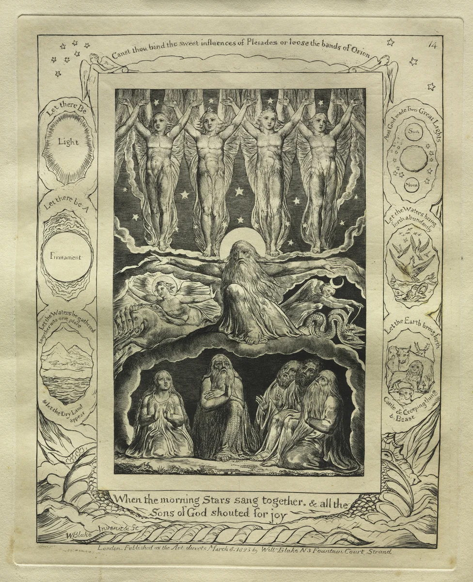 The Book of Job: Pl. 14, When the morning Stars sang together, and all the / Sons of God shouted for joy by William Blake, print, 1825