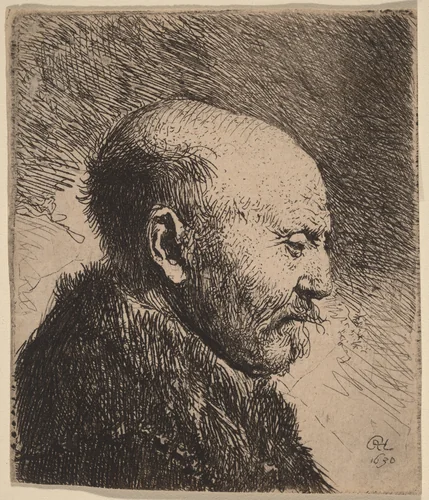 A Bald Man in Profile (The Artist's Father?) by Rembrandt van Rijn, print, 1630