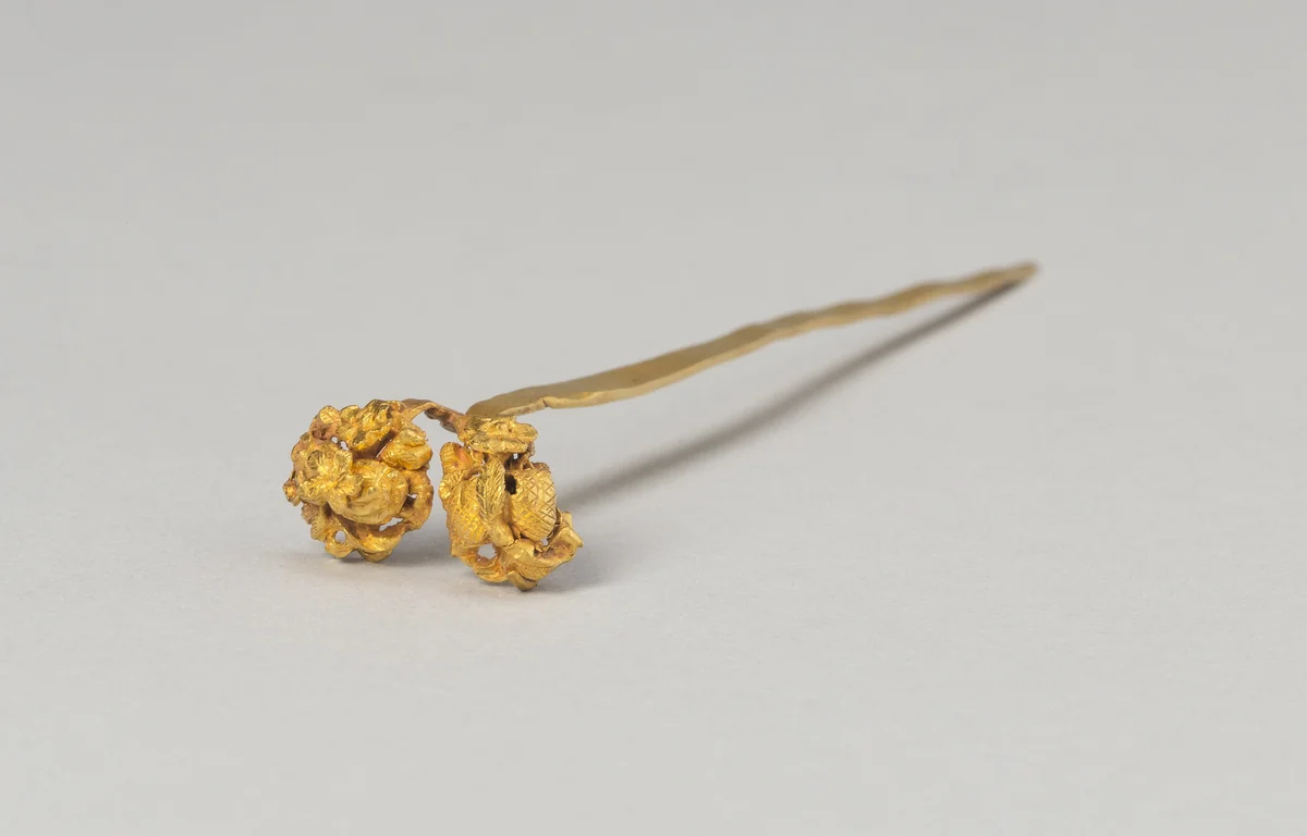 Hairpin with Head formed as Twin Clusters of Vine and Blossoms by China, metalwork, 1101-1300