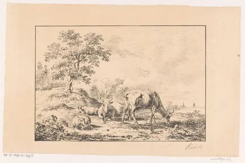 Heuvelachtig landschap met koeien en schapen by Jan Kobell, print, 1820