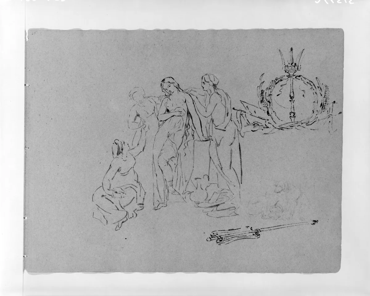 Woman Attended by Servants; Emblematic Symbol; Sceptre (from Sketchbook) by Thomas Sully, artwork, 1810-1820
