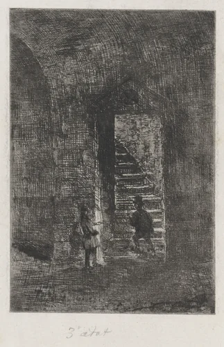 Twee figuren bij een trap by Alexander Schaepkens, print, 1830-1899