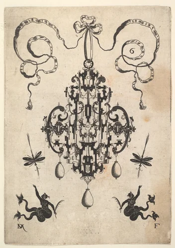 Design for a Pendant Combined with Sirens and Dragonflies by Daniel Mignot, print, 1616