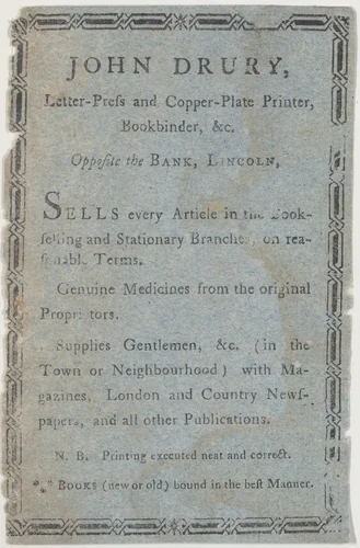 Trade Card for John Drury, printer and bookbinder by anonymous, print, 1700-1800