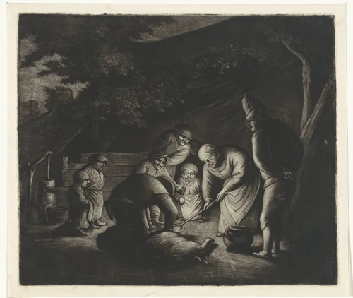 Boerenfamilie bij het slachten van een varken by Jacob Hoolaart, print, 1723-1789