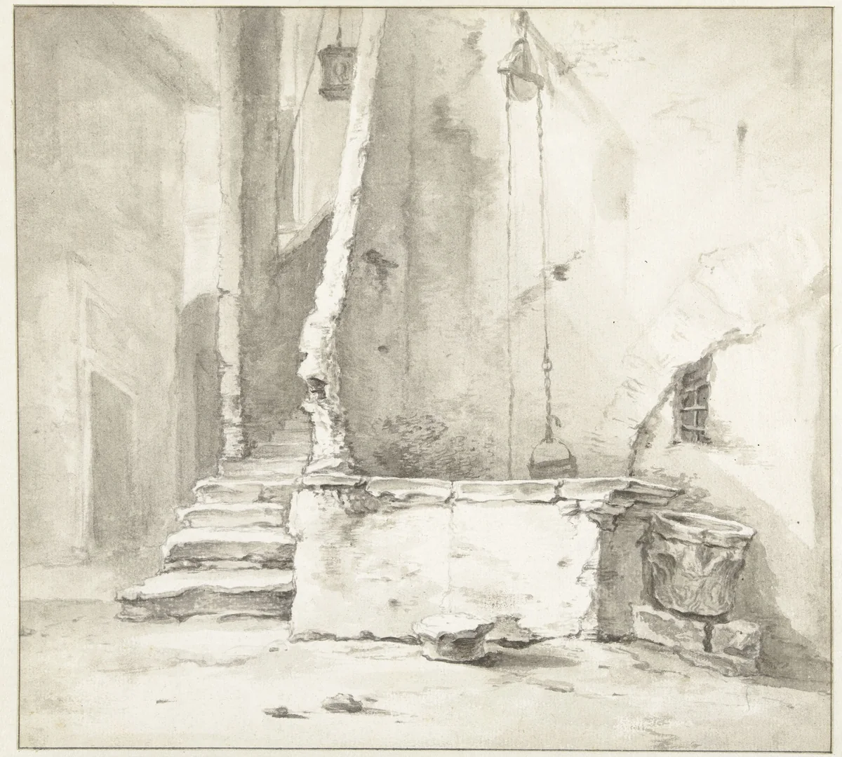 Waterput bij een huis by Thomas Wijck, drawing, 1626-1677