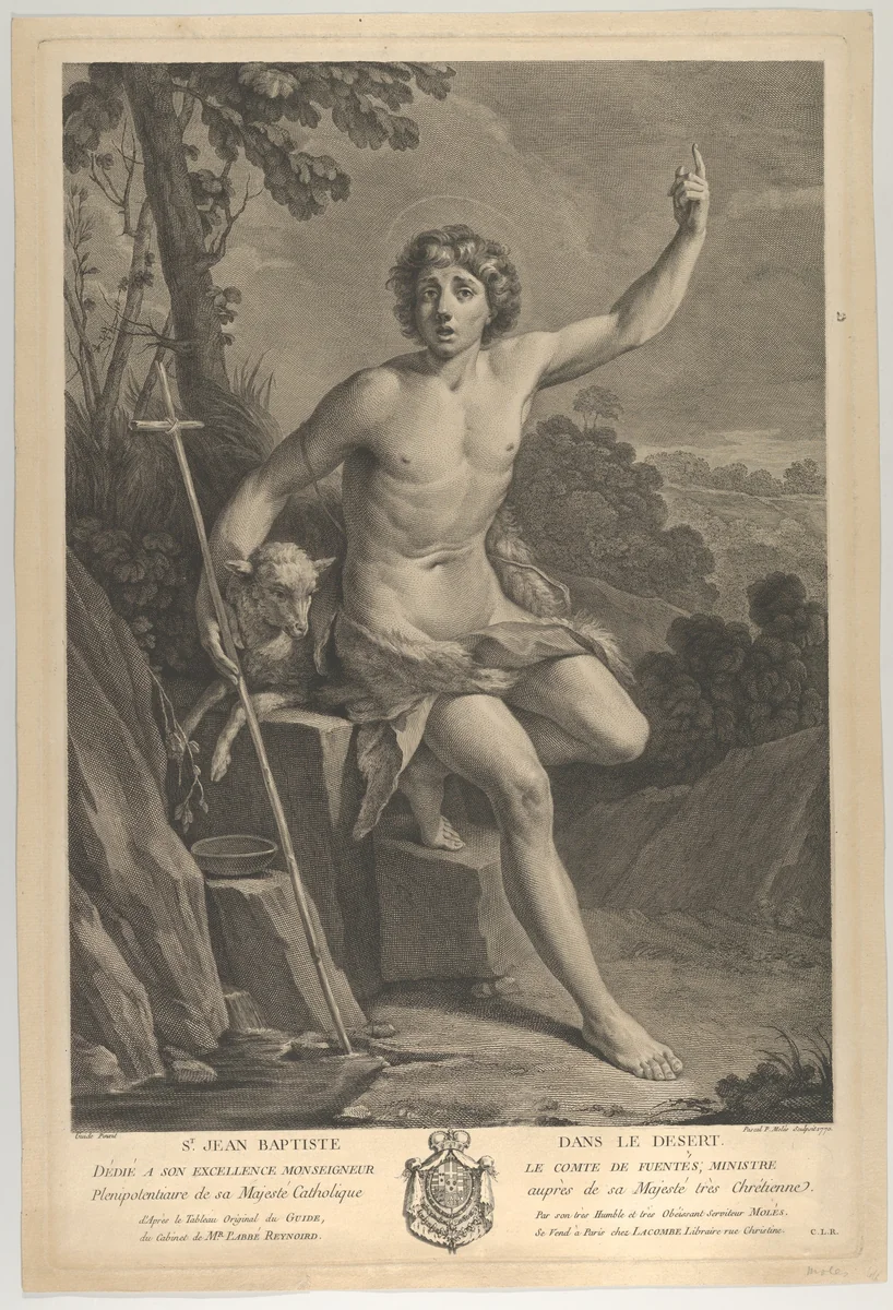 Saint John the Baptist in the desert, seated on a rock and pointing upward with his left hand, a lamb at his right, after Reni by Pedro Pascual Moles, print, 1770