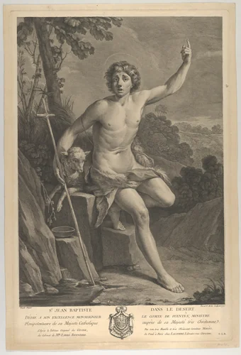 Saint John the Baptist in the desert, seated on a rock and pointing upward with his left hand, a lamb at his right, after Reni by Pedro Pascual Moles, print, 1770