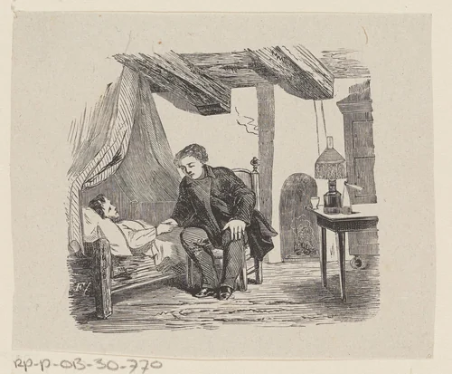 Interieur met een zittende man die de hand van een man in bed vasthoudt by Isaac Weissenbruch, print, 1836-1912