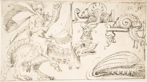 Satyr riding a fantastical creature, snail-like creatures by Andrés de Melgar, drawing, 1540-1550