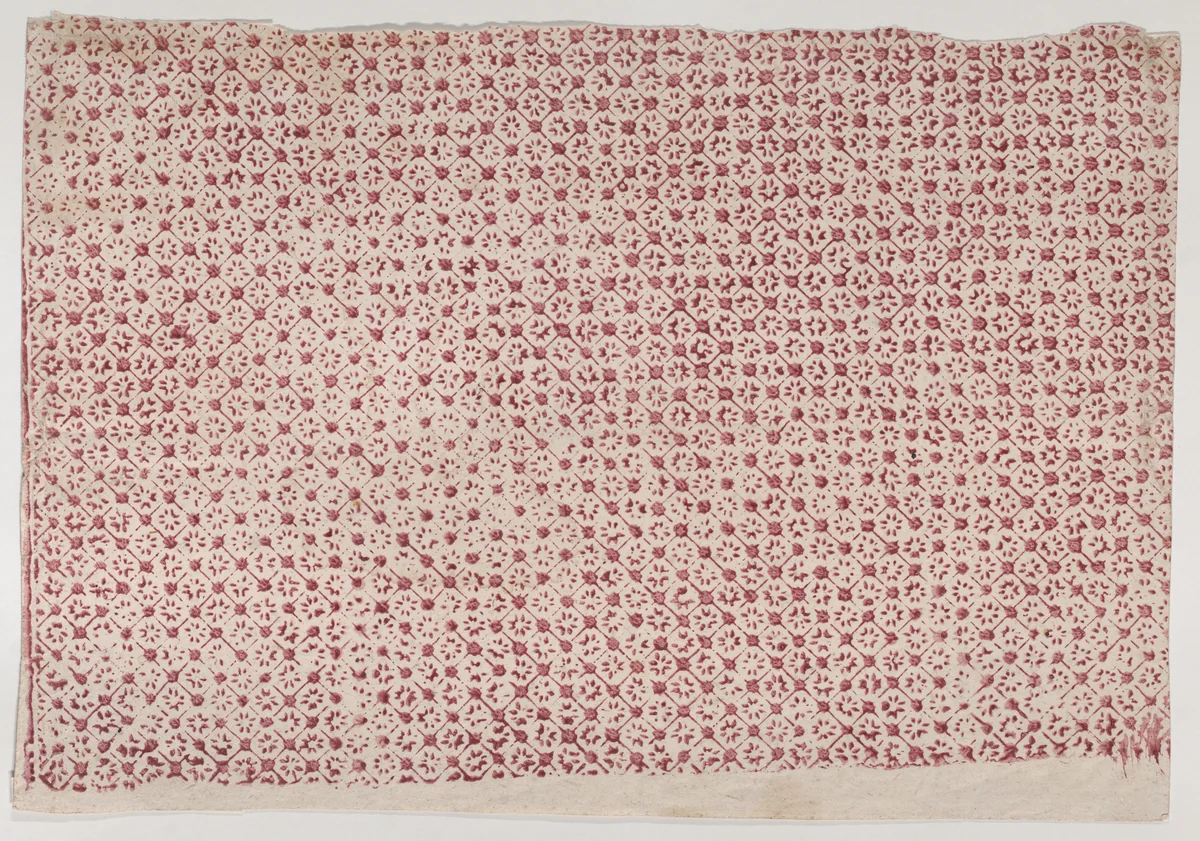 Sheet with a red geometric and floral pattern by anonymous, print, 1800-1900