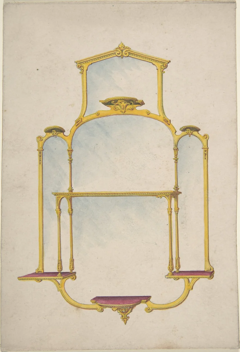 Design for a Hanging Mirror with Shelves by anonymous, drawing, 1820-1880