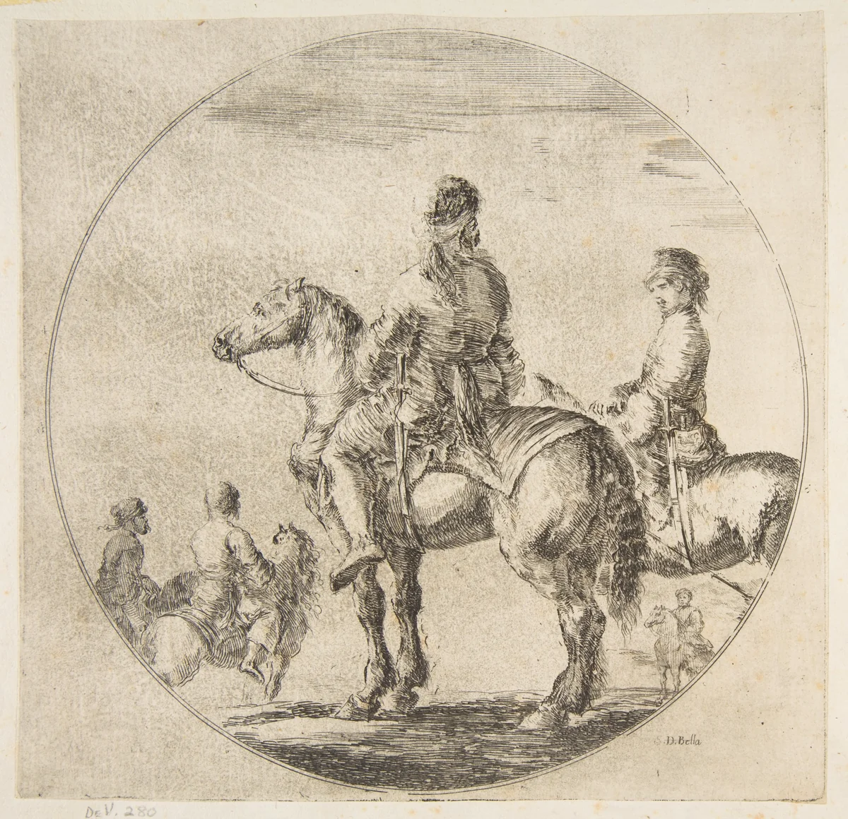 Two Polish horsemen with their horses facing left, from "Figures on Horseback" (Cavaliers nègres, polonais et hongrois) by Stefano della Bella, print, 1646-1656