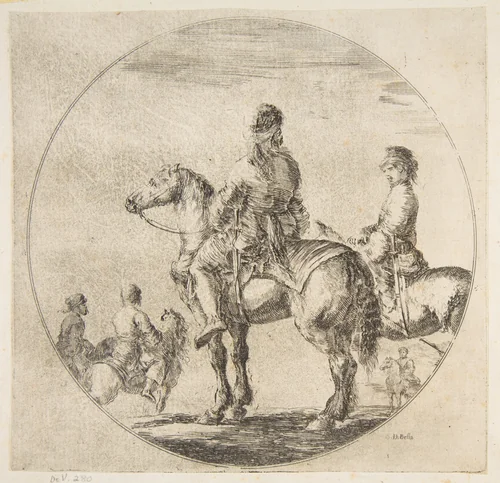 Two Polish horsemen with their horses facing left, from "Figures on Horseback" (Cavaliers nègres, polonais et hongrois) by Stefano della Bella, print, 1646-1656