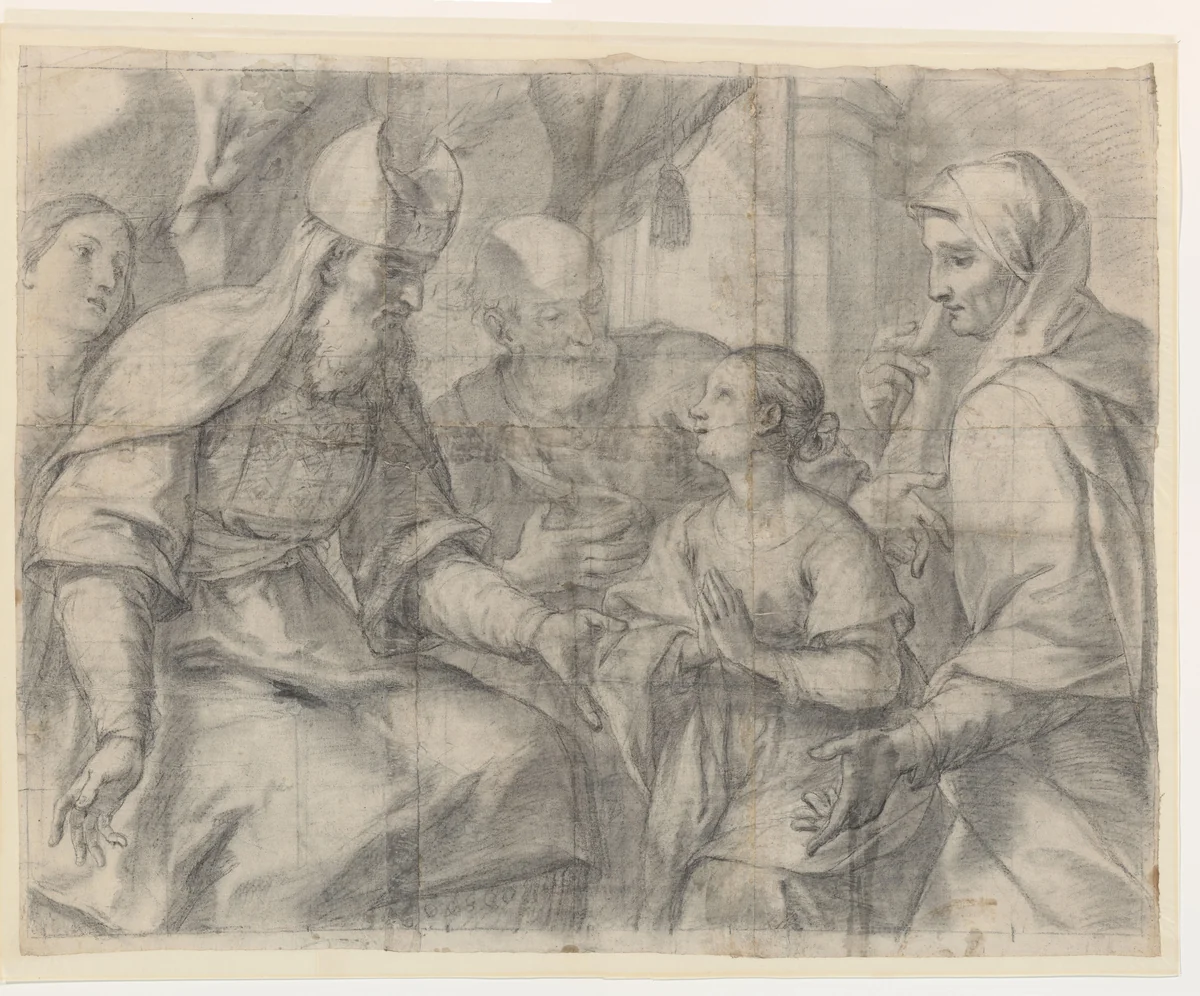 Groot ontwerp voor een tempelgang van Maria by Giovanni Andrea Ansaldo, drawing, 1594-1638