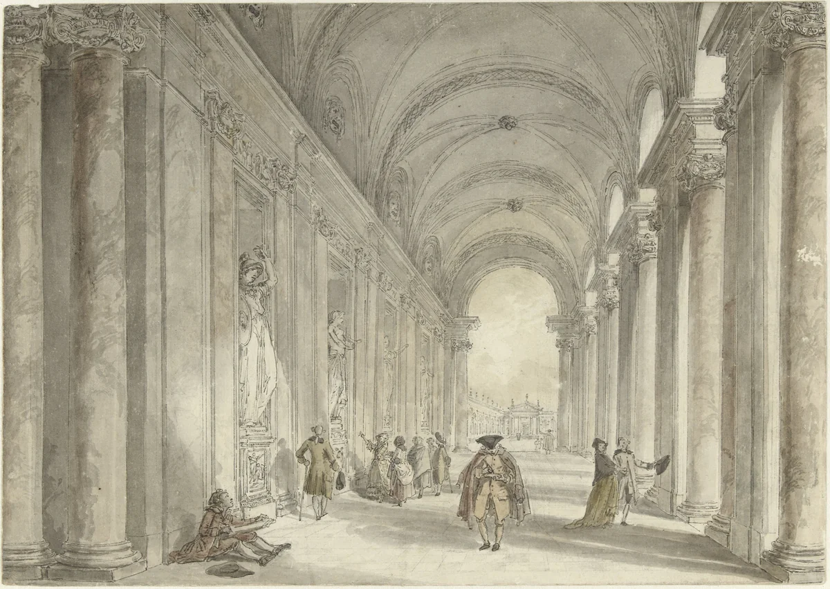 Colonnade of the Casino of the Villa Albani, in Rome by Hubert Robert, drawing, 1763-1764