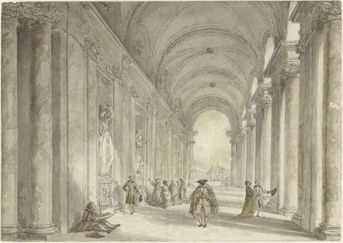 Colonnade of the Casino of the Villa Albani, in Rome by Hubert Robert, drawing, 1763-1764