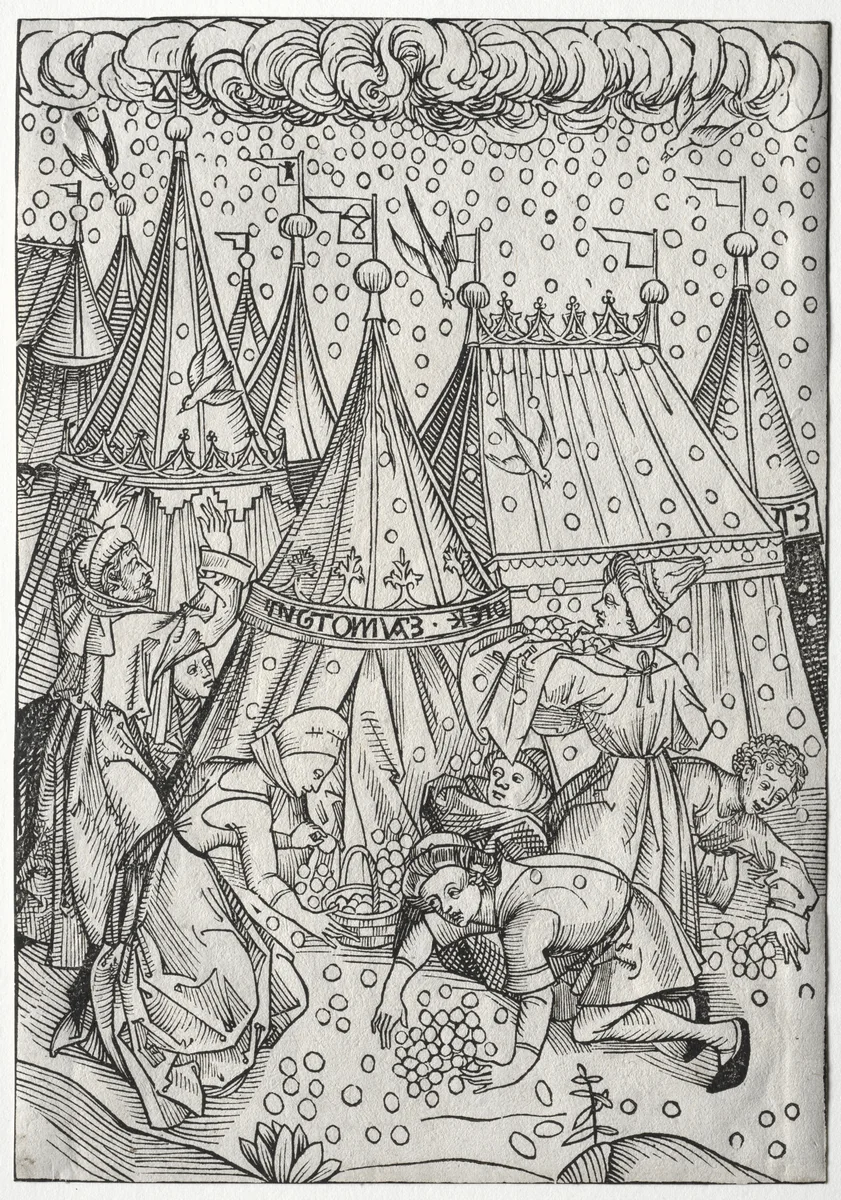 Der Schatzbehalter: Gathering of Manna by Michael Wolgemut, print, 1491
