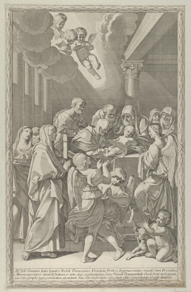 The circumcision of Christ, a group of men, women and angels surrounding him, the young Saint John the Baptist at lower right, after Reni by Giacomo-Maria Giovannini, print, 1687-1717