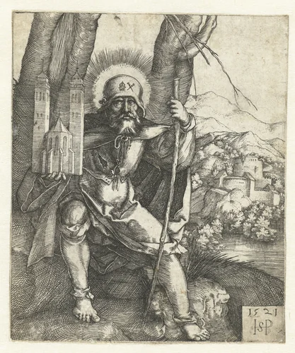 Heilige Sebaldus als pelgrim met een kerkmodel by Unknown, print, 1521