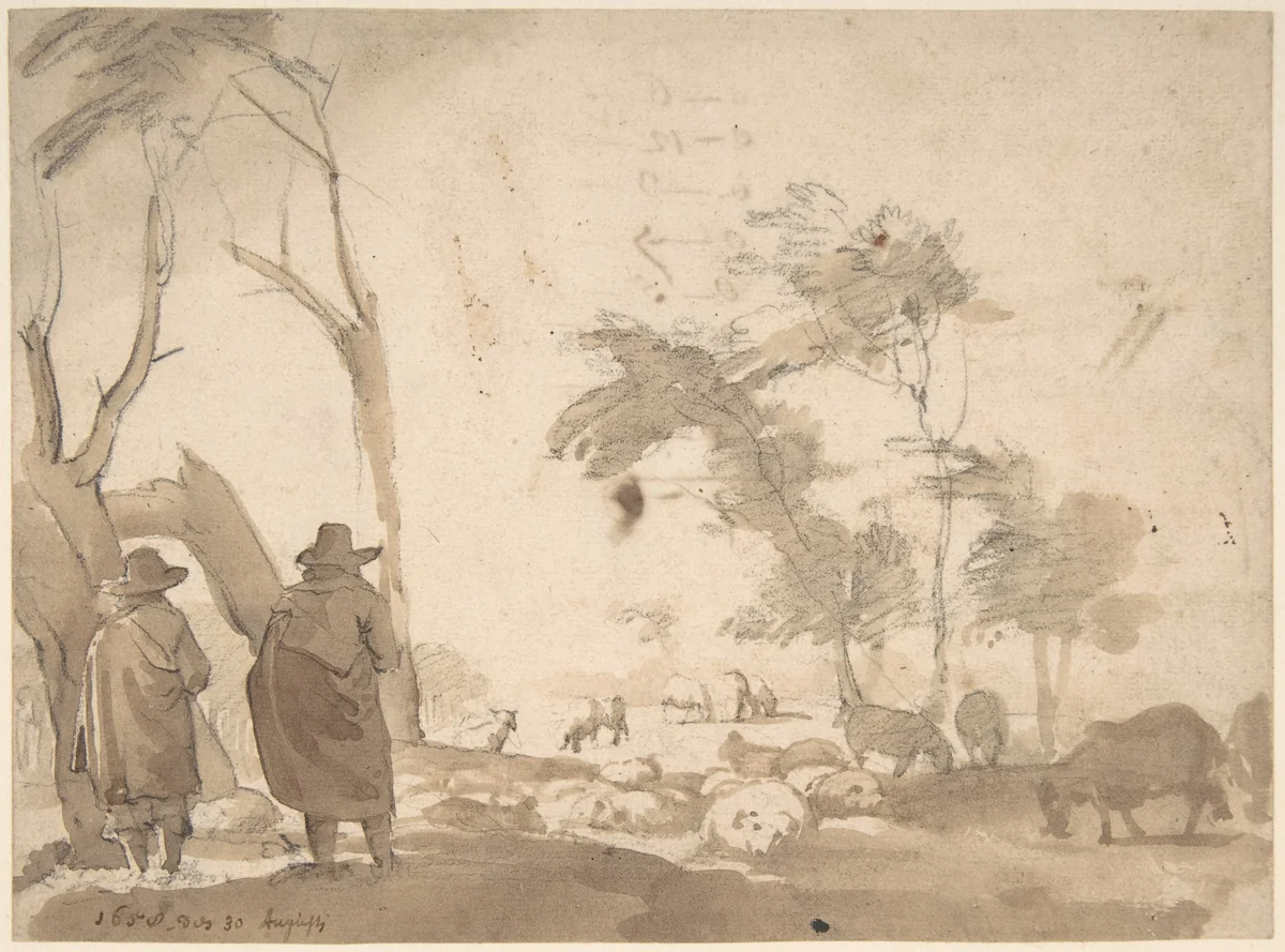 Landscape with Sheep and Two Figures (recto); Faint Sketch of a Figure with a Hat (verso) by Jacob van der Does, drawing, 1623-1673