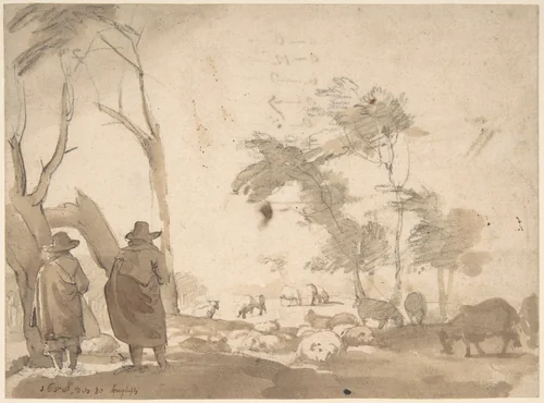 Landscape with Sheep and Two Figures (recto); Faint Sketch of a Figure with a Hat (verso) by Jacob van der Does, drawing, 1623-1673