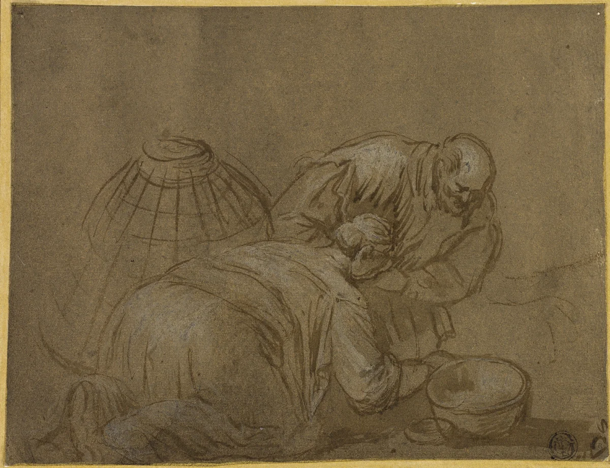 Peasant Couple Looking in a Basket by Jacopo Bassano, drawing, 1530-1592