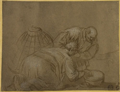 Peasant Couple Looking in a Basket by Jacopo Bassano, drawing, 1530-1592
