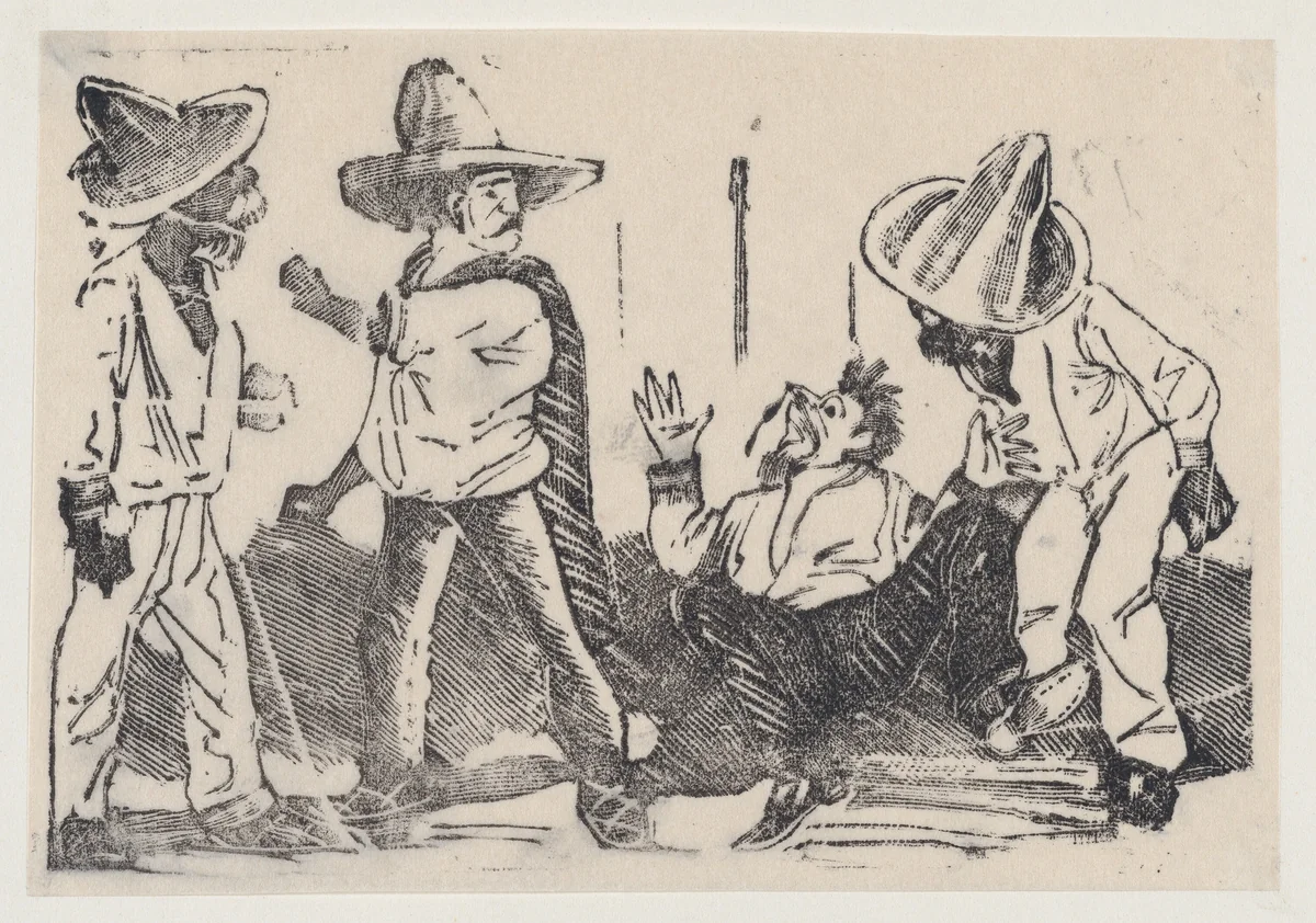 Street fight between four men by José Guadalupe Posada, print, 1875-1885