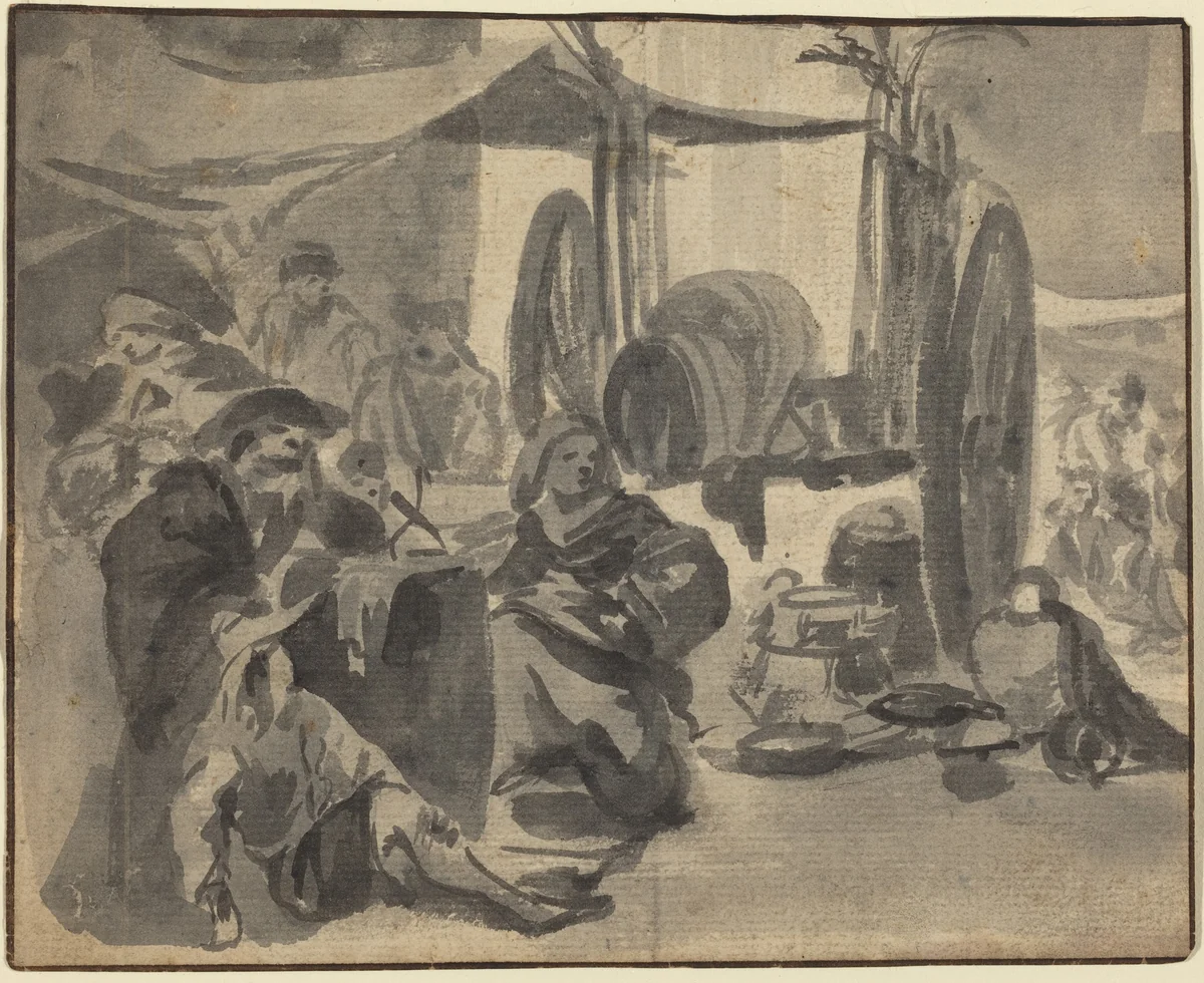 Market Scene by Netherlandish 17th Century, drawing, 1600-1699