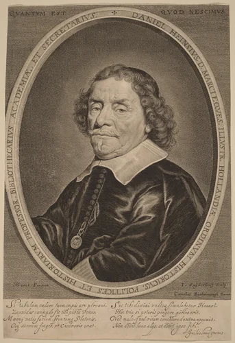 Daniel Heinsius by Jonas Suyderhoff; Jacob Fransz van der Merck; Cornelis Banheijning, print, 1613-1686