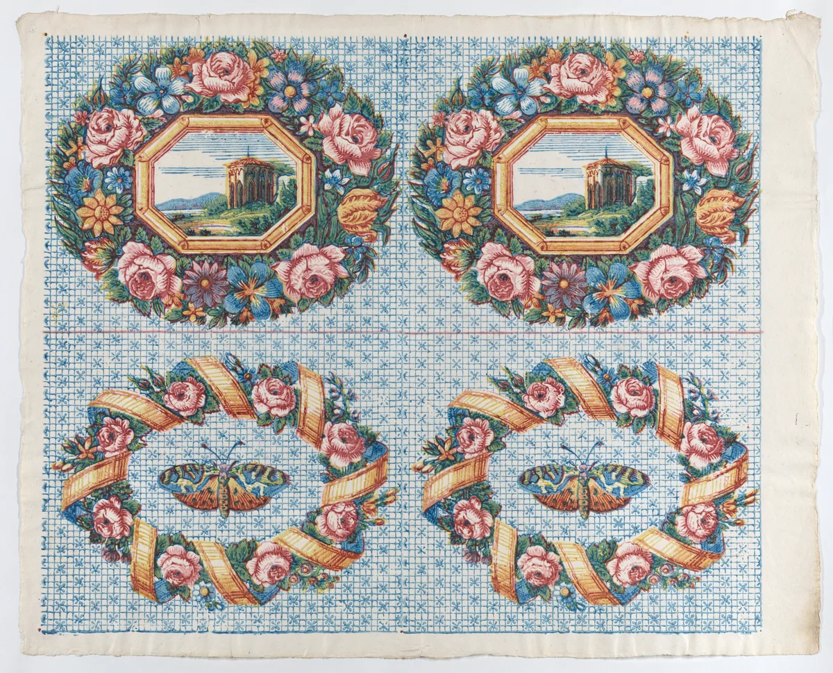 Sheet with two borders with a landscape and moth within wreaths by anonymous, print, 1775-1875