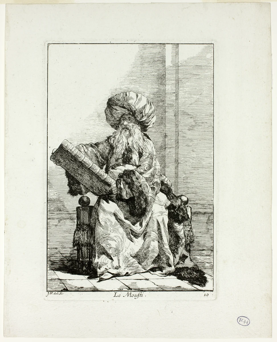 Le Moufti, plate ten from Caravanne du Sultan à la Mecque by Joseph-Marie Vien, print, 1748