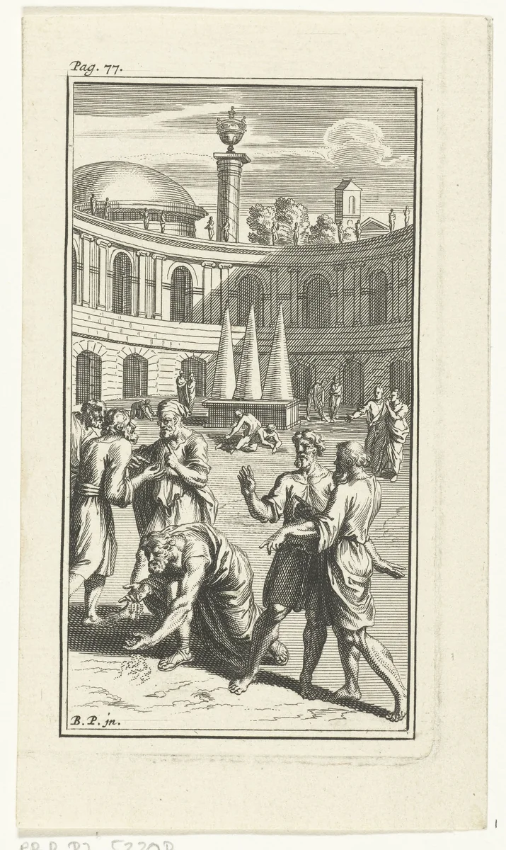 Filosofen zoeken in het zand van de arena naar het poeder van de steen der wijzen by Andries van Buysen, print, 1700-1750