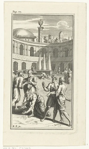 Filosofen zoeken in het zand van de arena naar het poeder van de steen der wijzen by Andries van Buysen, print, 1700-1750