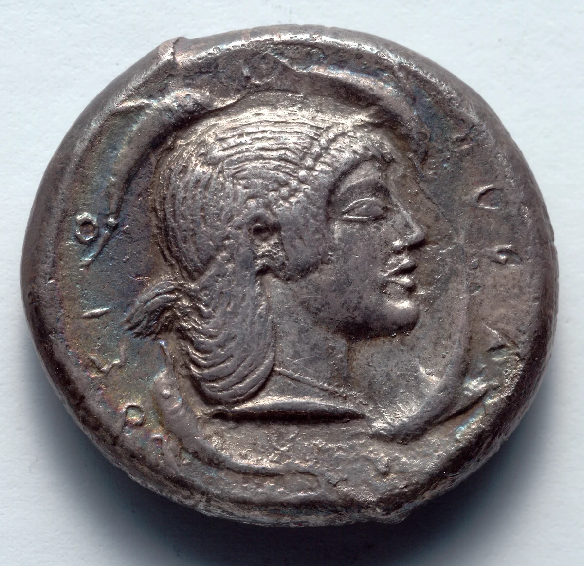Tetradrachm: Head of Artemis/Arethousa, dolphins (reverse) by Unknown, metalwork, -485--478