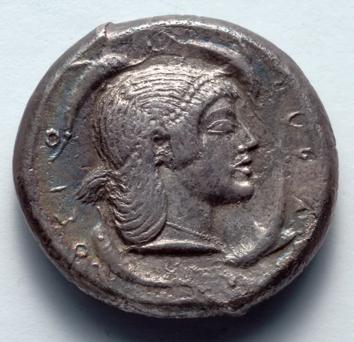 Tetradrachm: Head of Artemis/Arethousa, dolphins (reverse) by Unknown, metalwork, -485--478