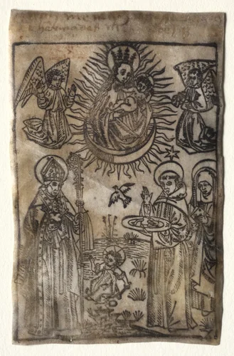 Madonna and Child with Three Members of the St. Augustine Order: Saints Augustine, Nicholas and Clara by Unknown, print, 1400-1500