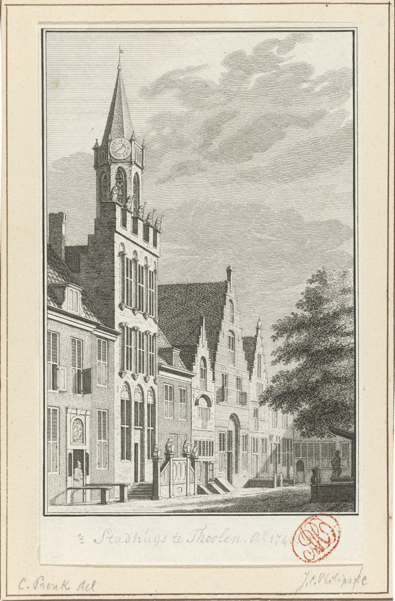 Gezicht op het stadhuis van Tholen, 1743 by Jan Caspar Philips, print, 1743-1747