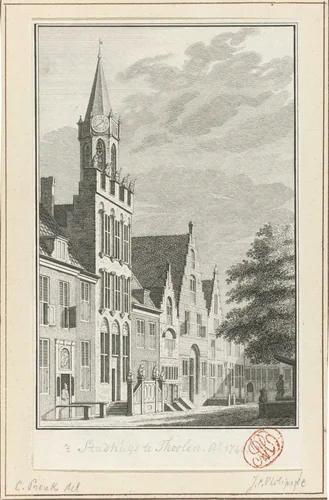 Gezicht op het stadhuis van Tholen, 1743 by Jan Caspar Philips, print, 1743-1747