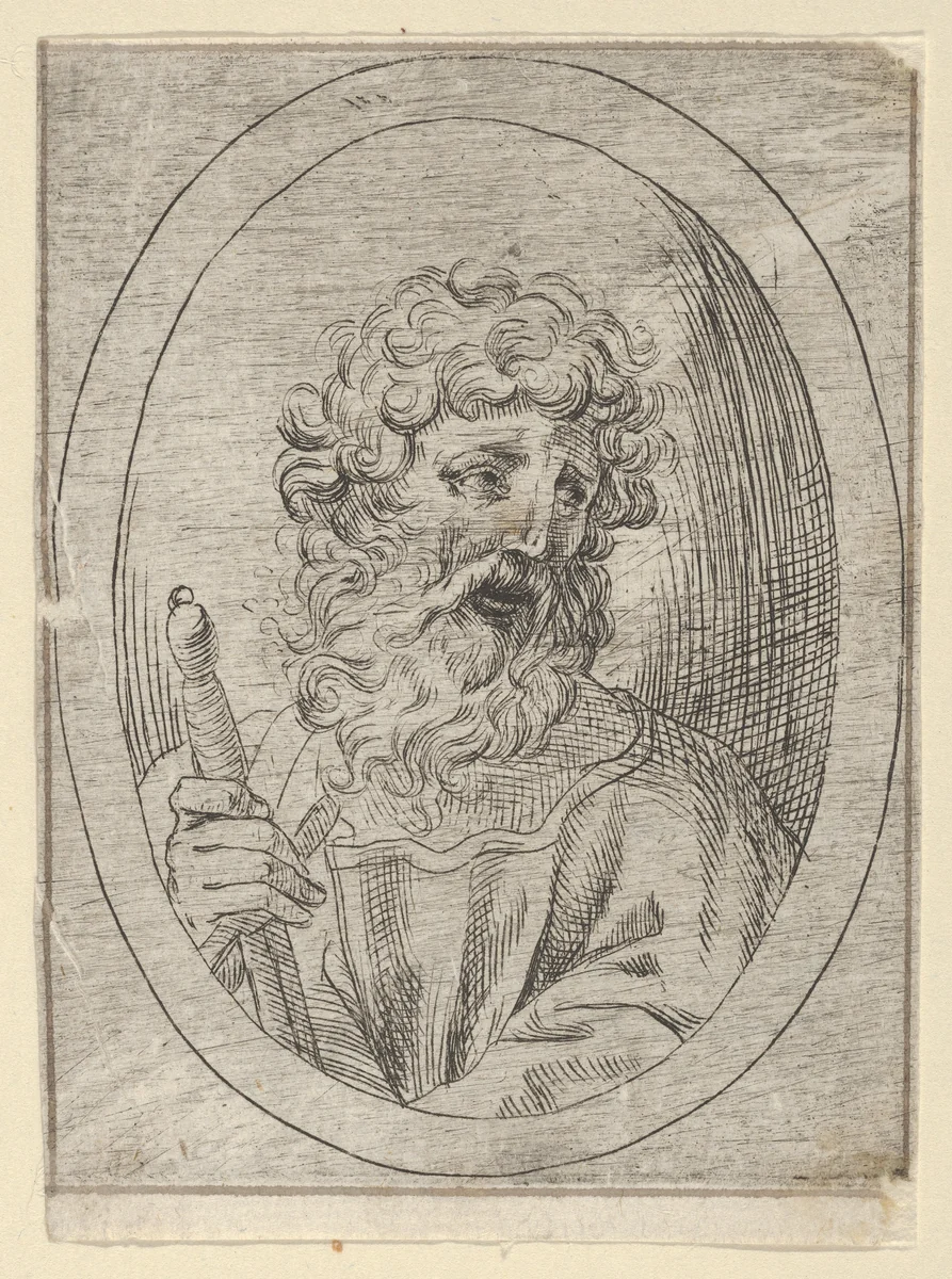 Saint Paul holding a sword, in an oval frame, from "Christ, the Virgin, and Thirteen Apostles" by anonymous, print, 1600-1640