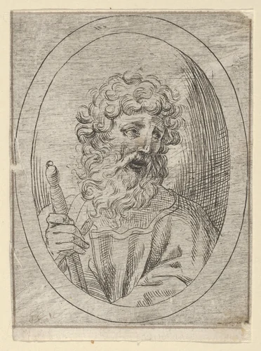 Saint Paul holding a sword, in an oval frame, from "Christ, the Virgin, and Thirteen Apostles" by anonymous, print, 1600-1640