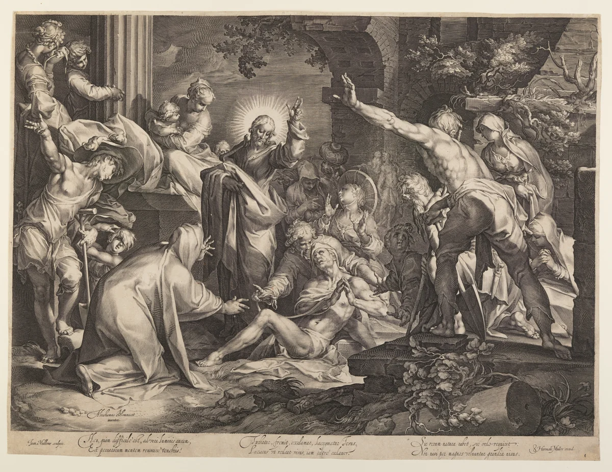 The Raising of Lazarus by Jan Harmensz. Muller, print, 1595-1605