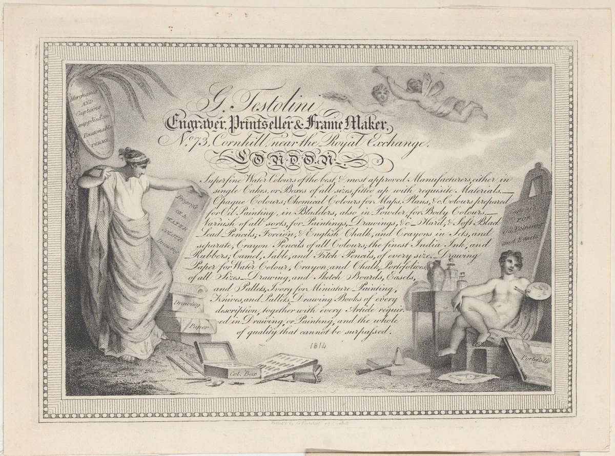 Trade Card for G. Testolini, Engraver, Printseller and Frame Maker by Gaetano Testolini, print, 1800-1900