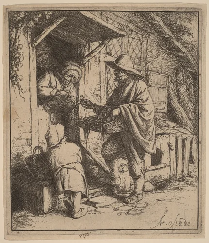 Street Vendor Selling Spectacles at the Door by Adriaen van Ostade, print, 1642-1652