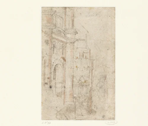 Stadspoort, ronde toren en andere architectuurfragmenten by Jacob Cornelisz van Oostsanen, drawing, 1480-1533