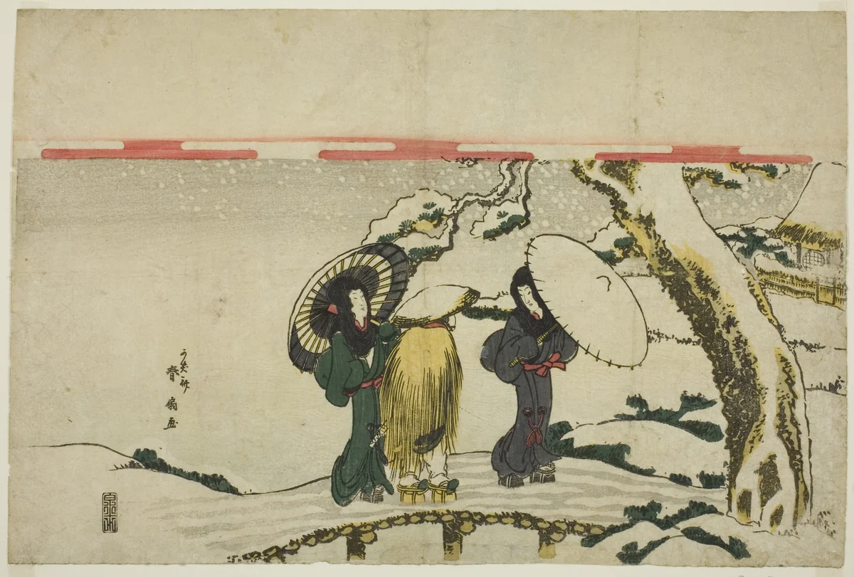 Travelers in Snow by Katsukawa Shunsen, print, 1804-1820